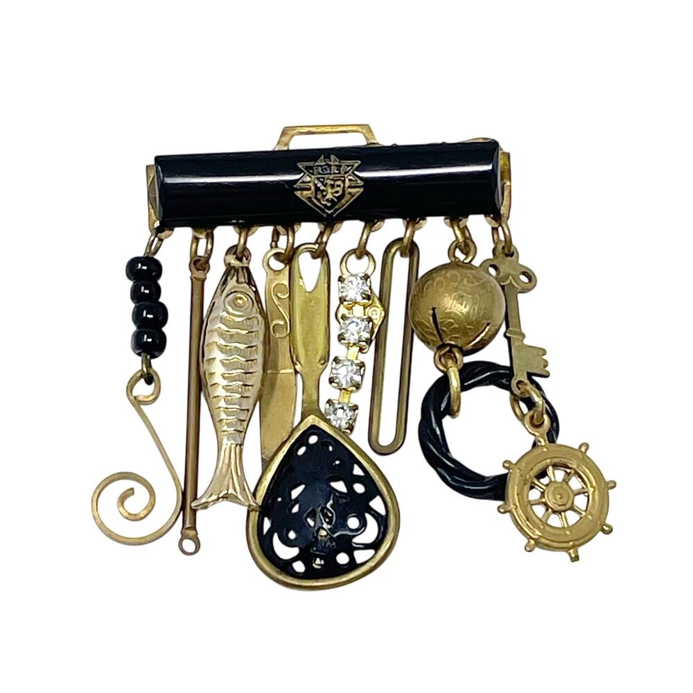 Vintage Handmade Black Enamel Brass Bar Brooch Charms Fisherman Nautical Regal